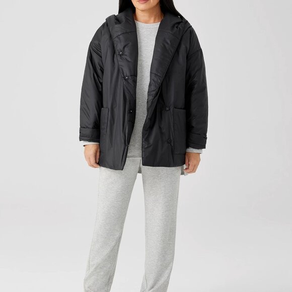 Eileen Fisher PL LP Petite Large Eggshell Recycled Nylon boxy puffer coat black - Picture 2 of 15